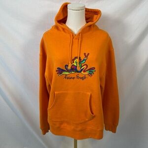 Peace Frogs orange hoodie with rainbow frog size large y2k hippie retro